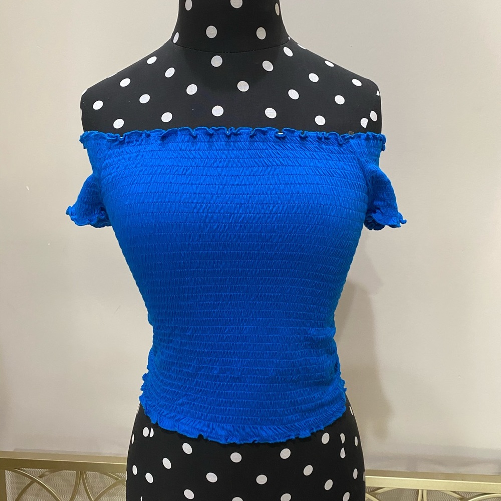 Off the shoulder bright blue crop top